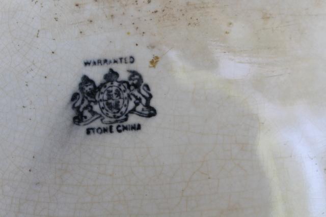 photo of antique moss rose pattern ironstone china covered dish & huge platter, browned patina #9