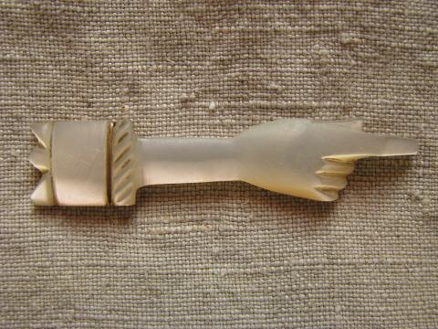 photo of antique mother of pearl shell brooch or collar pin, ladies hand & cuff #1