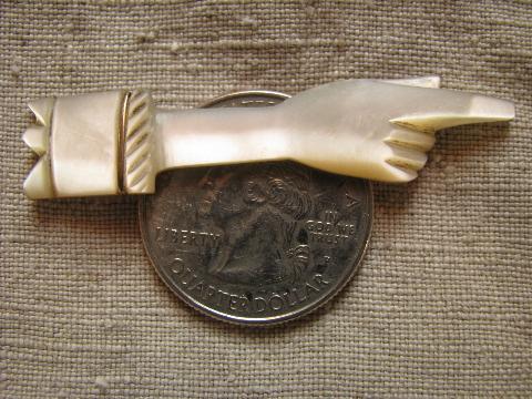 photo of antique mother of pearl shell brooch or collar pin, ladies hand & cuff #2