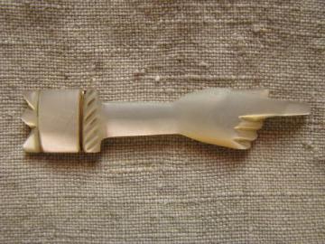 catalog photo of antique mother of pearl shell brooch or collar pin, ladies hand & cuff