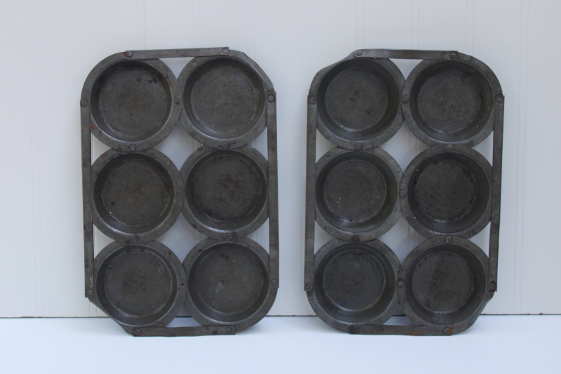 photo of antique muffin or mini pie pans, vintage kitchenware tin baking cups w/ primitive joined construction #1