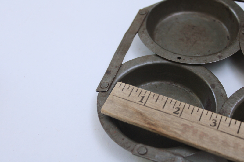 photo of antique muffin or mini pie pans, vintage kitchenware tin baking cups w/ primitive joined construction #2