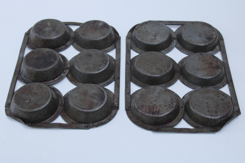 photo of antique muffin or mini pie pans, vintage kitchenware tin baking cups w/ primitive joined construction #5