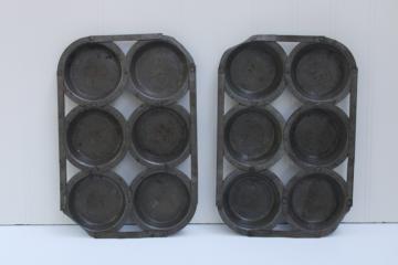 catalog photo of antique muffin or mini pie pans, vintage kitchenware tin baking cups w/ primitive joined construction