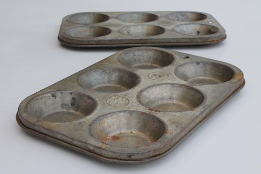 photo of antique muffin tins, primitive vintage baking pans, cupcake or cornbread pans #5