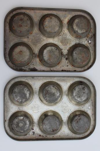 photo of antique muffin tins, primitive vintage baking pans, cupcake or cornbread pans #7