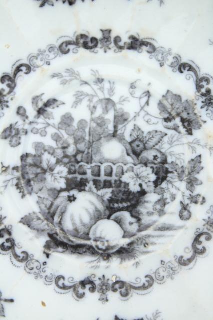 photo of antique mulberry black transferware china, large deep saucer plate w/ fruit basket #3