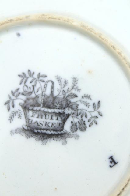 photo of antique mulberry black transferware china, large deep saucer plate w/ fruit basket #5