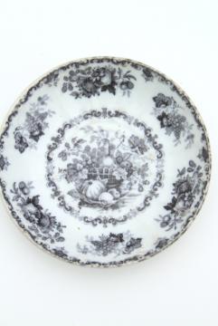 catalog photo of antique mulberry black transferware china, large deep saucer plate w/ fruit basket