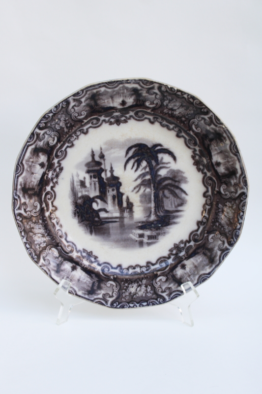 photo of antique mulberry flow black transferware china plate mid 1800s, 19th century English ironstone Calcutta pattern  #1