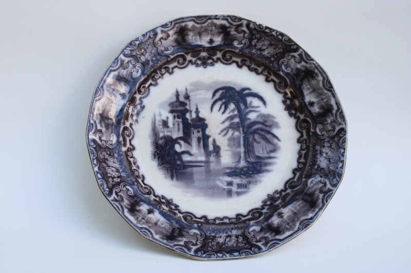 photo of antique mulberry flow black transferware china plate mid 1800s, 19th century English ironstone Calcutta pattern  #4