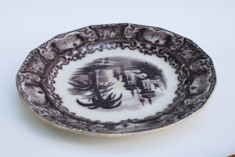 photo of antique mulberry flow black transferware china plate mid 1800s, 19th century English ironstone Calcutta pattern  #5