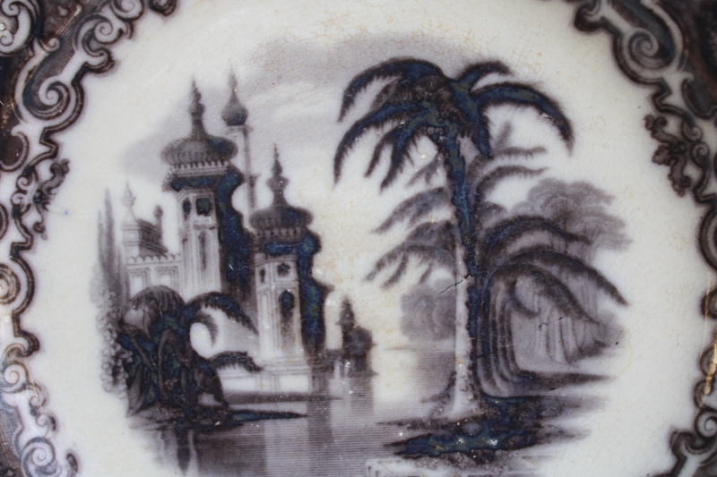photo of antique mulberry flow black transferware china plate mid 1800s, 19th century English ironstone Calcutta pattern  #6