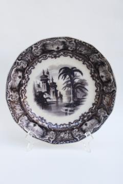 antique mulberry flow black transferware china plate mid 1800s, 19th century English ironstone Calcutta pattern 