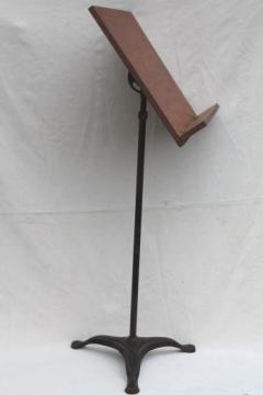 catalog photo of antique music stand with telescoping iron base & wood easel, early 1900s vintage