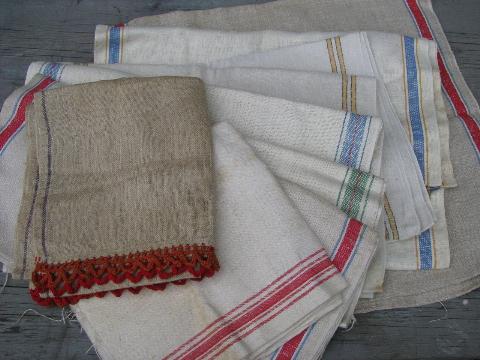 photo of antique natural flax linen striped towel fabric lot, vintage towels #1