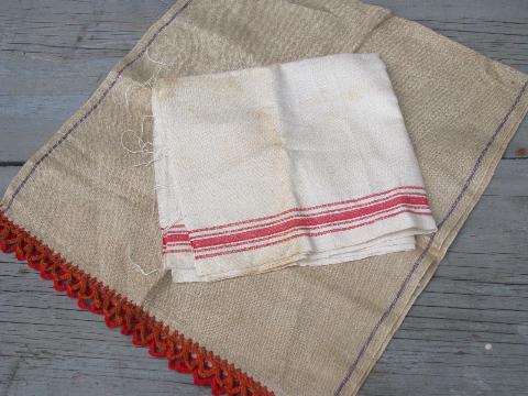 photo of antique natural flax linen striped towel fabric lot, vintage towels #4