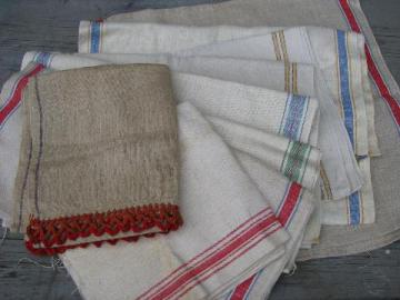 catalog photo of antique natural flax linen striped towel fabric lot, vintage towels