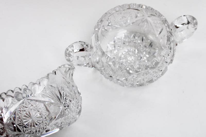 photo of antique near cut pattern glass cream pitcher & sugar bowl, heavy crystal clear glass #2