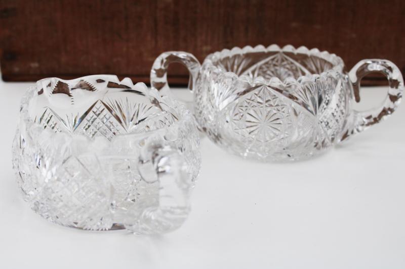 photo of antique near cut pattern glass cream pitcher & sugar bowl, heavy crystal clear glass #3