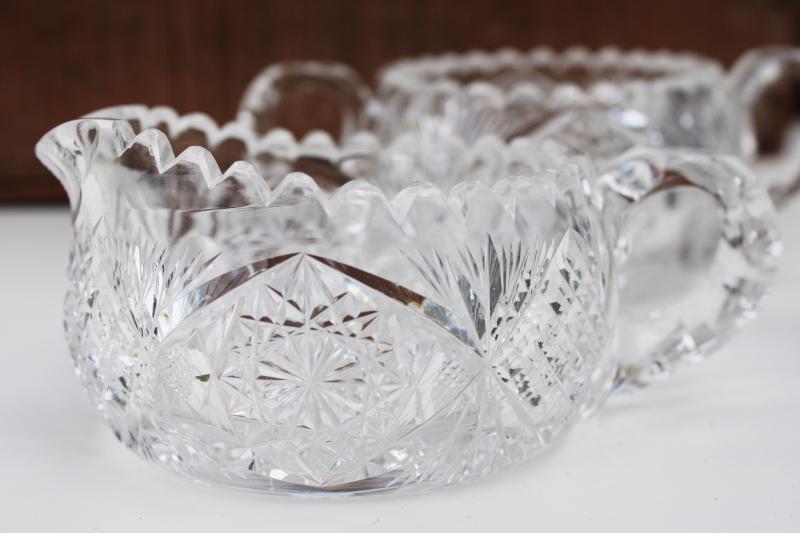 photo of antique near cut pattern glass cream pitcher & sugar bowl, heavy crystal clear glass #4