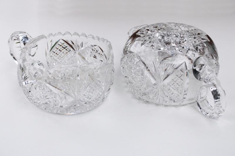 photo of antique near cut pattern glass cream pitcher & sugar bowl, heavy crystal clear glass #5