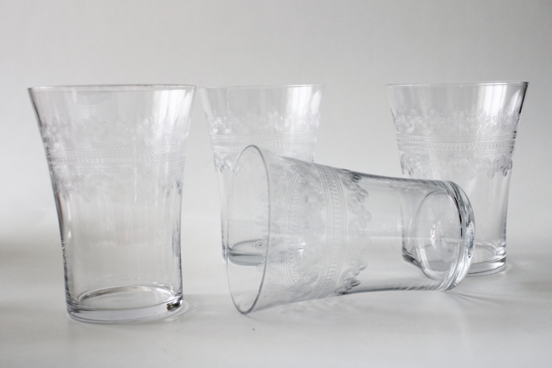 photo of antique needle etched glass tumblers, turn of the century vintage drinking glasses set #1