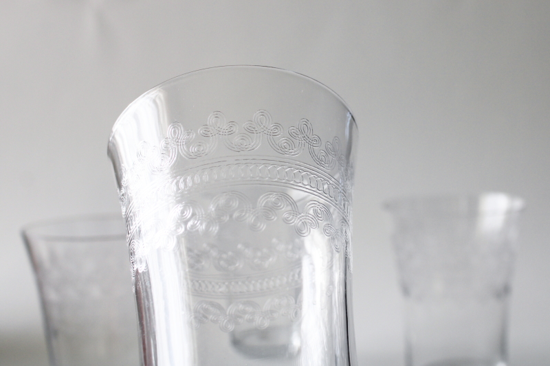 photo of antique needle etched glass tumblers, turn of the century vintage drinking glasses set #2