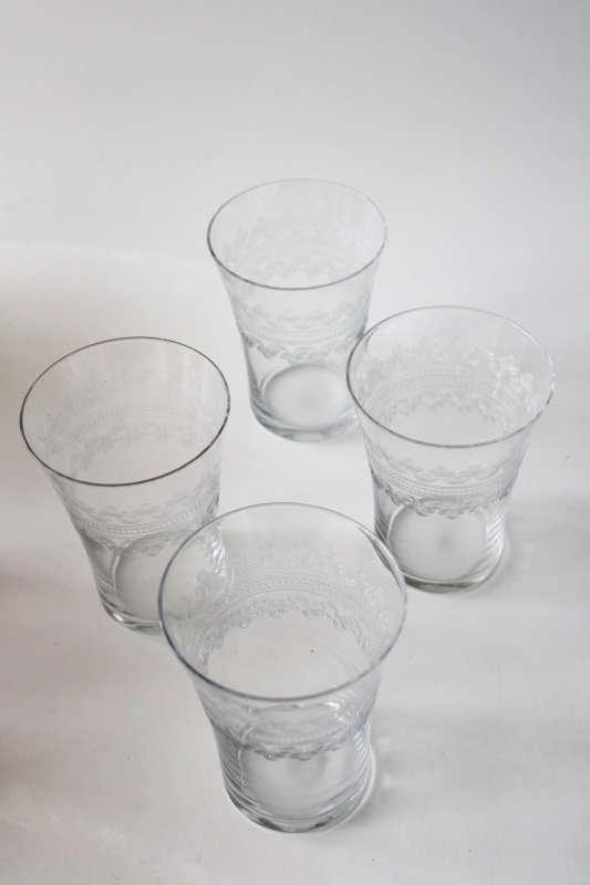 photo of antique needle etched glass tumblers, turn of the century vintage drinking glasses set #3