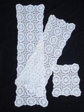 catalog photo of antique net lace runner table set, tambour lace or embroidered lace