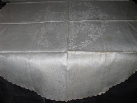 photo of antique never used violets ivory linen damask centerpiece tablecloth, embroidered scallops #1