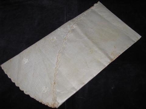 photo of antique never used violets ivory linen damask centerpiece tablecloth, embroidered scallops #3