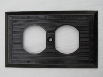 catalog photo of antique new-old-stock Harvey Hubbell bakelite electrical receptacle cover plate, vintage architectural