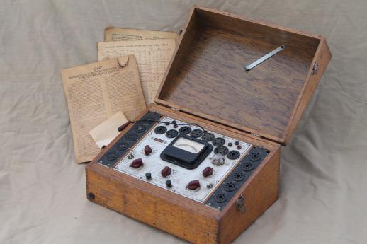 photo of antique oak case tube tester, 1940s electronic tester for radio tubes  #1