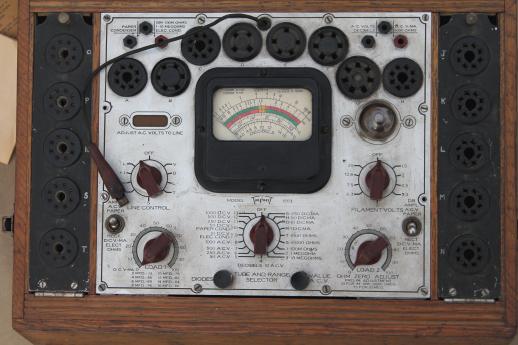 photo of antique oak case tube tester, 1940s electronic tester for radio tubes  #7