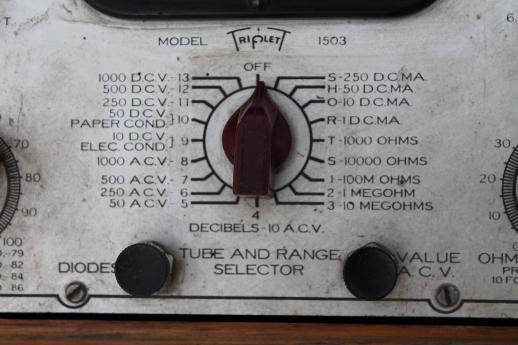 photo of antique oak case tube tester, 1940s electronic tester for radio tubes  #8