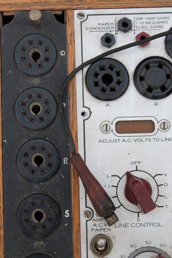 photo of antique oak case tube tester, 1940s electronic tester for radio tubes  #9