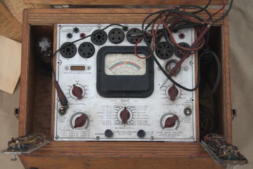 photo of antique oak case tube tester, 1940s electronic tester for radio tubes  #12