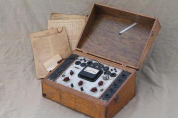 catalog photo of antique oak case tube tester, 1940s electronic tester for radio tubes 