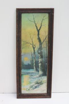 antique oak framed art small print or pastel drawing spooky moody bare trees fall winter landscape scene