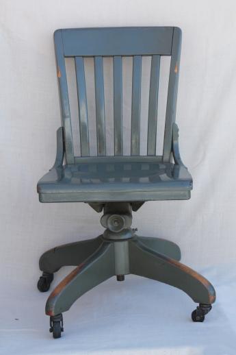 photo of antique oak office chair, early 1900s vintage desk chair w/ old industrial grey paint #1