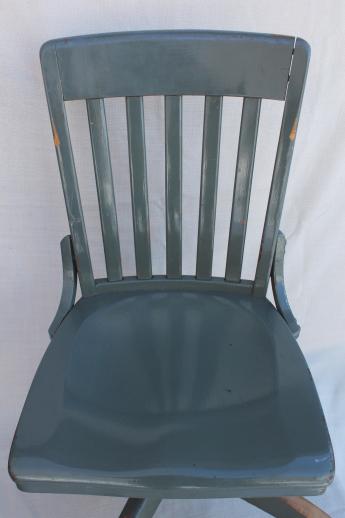 photo of antique oak office chair, early 1900s vintage desk chair w/ old industrial grey paint #2