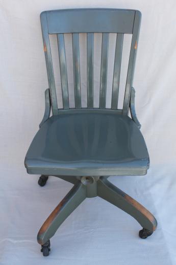 photo of antique oak office chair, early 1900s vintage desk chair w/ old industrial grey paint #7