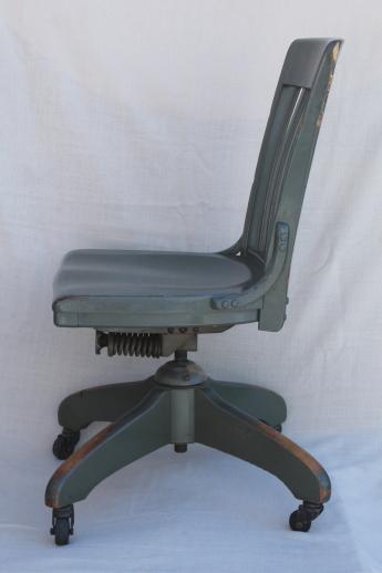 photo of antique oak office chair, early 1900s vintage desk chair w/ old industrial grey paint #8