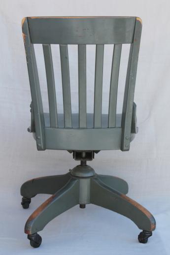 photo of antique oak office chair, early 1900s vintage desk chair w/ old industrial grey paint #9