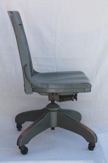 photo of antique oak office chair, early 1900s vintage desk chair w/ old industrial grey paint #10