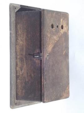 catalog photo of antique oak wall telephone ringer box w/1913 patent date for restoration