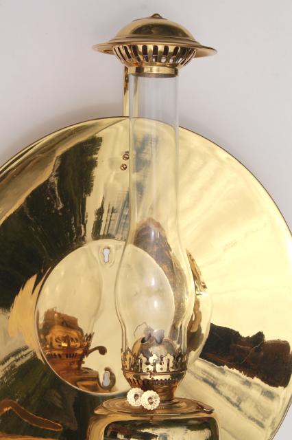 photo of antique oil lamp sconce huge polished brass reflector Sherwood industrial light England #6