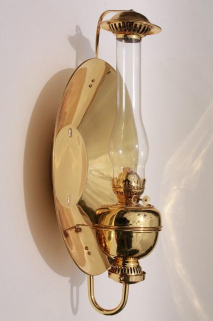 photo of antique oil lamp sconce huge polished brass reflector Sherwood industrial light England #11