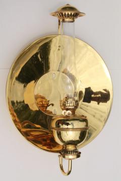 catalog photo of antique oil lamp sconce huge polished brass reflector Sherwood industrial light England